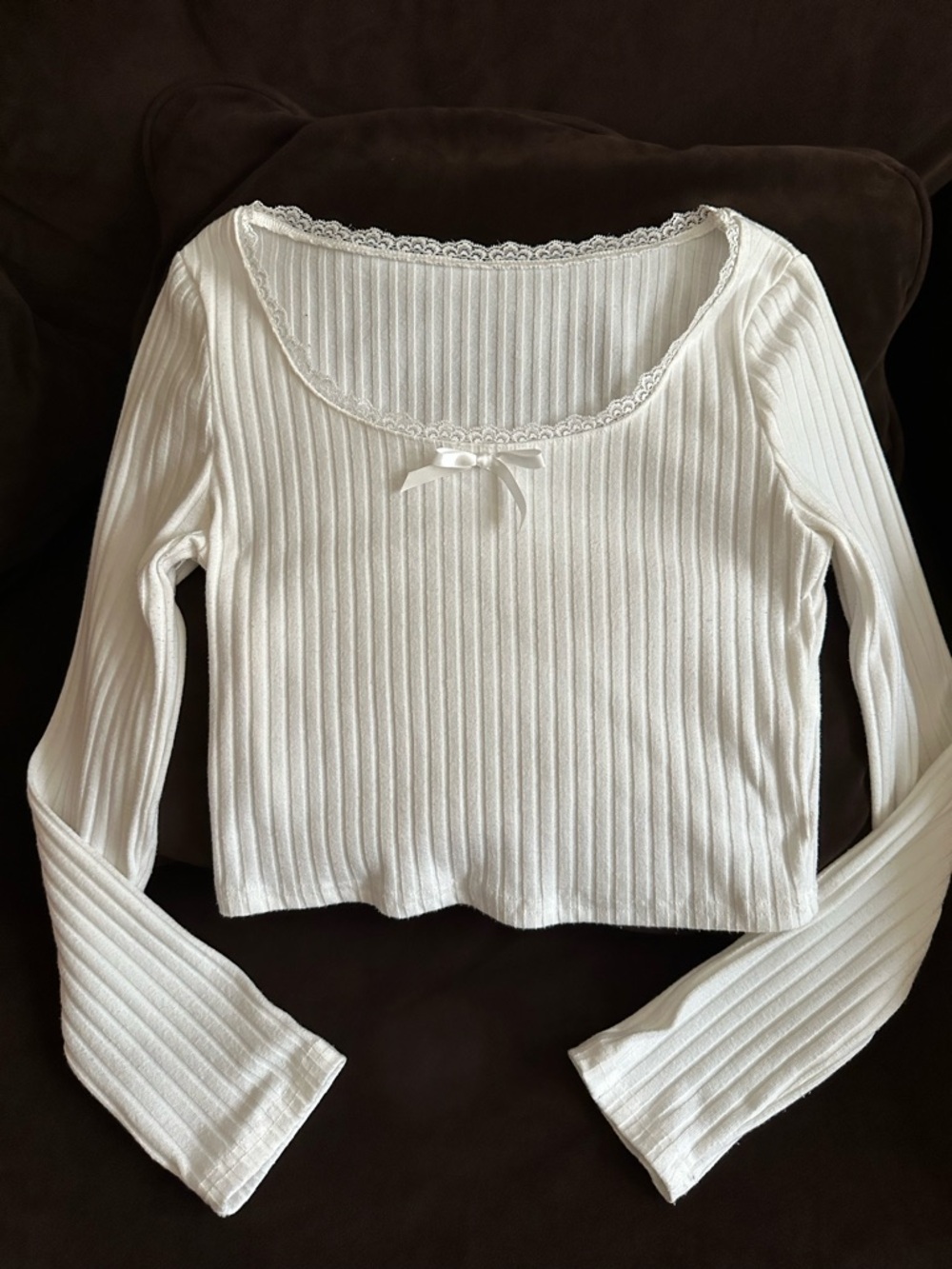 Cream Color Long-Sleeve Lace-Trim Crop Top